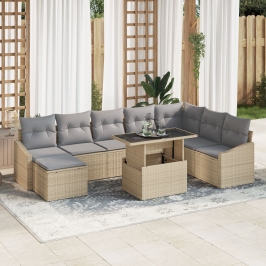 Conjunto de Sofás de Jardín de 9 Piezas con Cojines Beige de Ratán Polipropileno