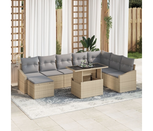 Conjunto de Sofás de Jardín de 9 Piezas con Cojines Beige de Ratán Polipropileno
