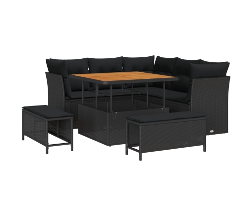 Set de Sofá de Jardín de 8 Piezas con Cojines Ratán Poliéster Acacia Negra,  Set de Comedor de Jardín de 3 Piezas con Cojines Ratán Poliéster Acacia Negra