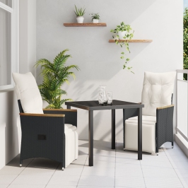 Conjunto de Comedor Jardín de 3 Piezas con Cojines Negro Poliratán