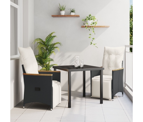 Conjunto de Comedor Jardín de 3 Piezas con Cojines Negro Poliratán