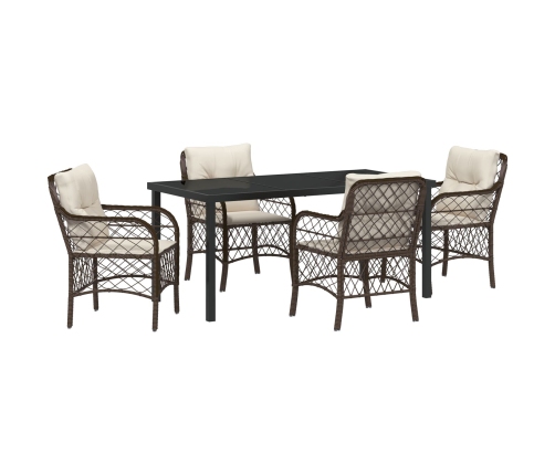 Conjunto de Comedor de Jardín de 5 Piezas con Cojines Marrón Poliratán