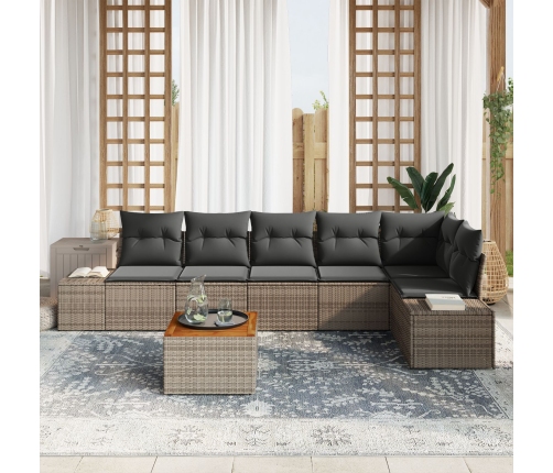 Set de Sofá de Jardín de 7 Piezas con Cojines Gris Ratán Poliéster Acacia