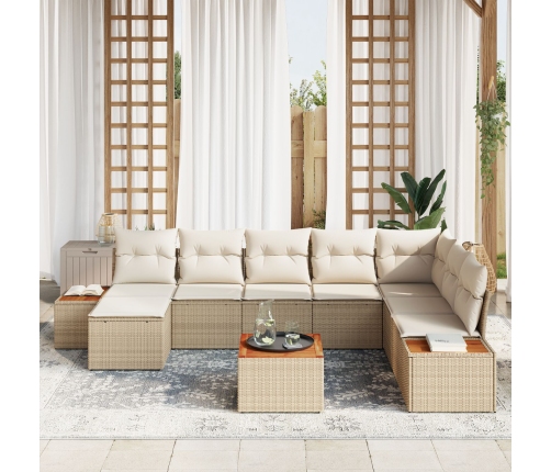 Juego de Sofá de Jardín de 9 Piezas con Cojines Beige de Polirratán y Acacia