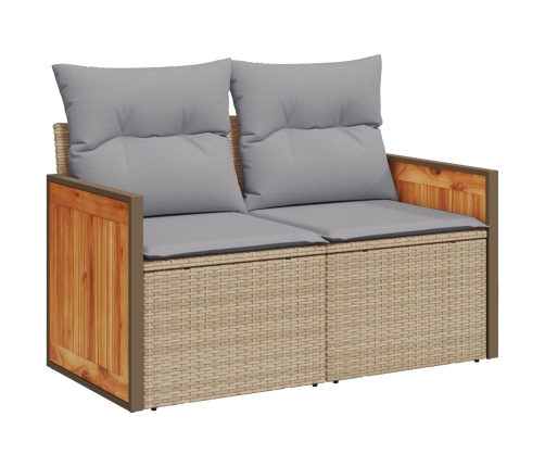 Juego de Sofás de Jardín de 10 Piezas con Cojines Beige Ratan Poly Acacia,  Sofá de Jardín de 2 Plazas con Cojines Beige Ratan Poly,  Juego de Comedor de Jardín de 3 Piezas con Cojines Beige Ratan Poly Acacia