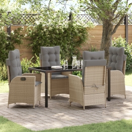 Juego de Comedor de Jardín de 5 Piezas con Cojines Beige Poliratán