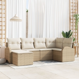 Conjunto de Sofá de Jardín de 6 Piezas con Cojines Beige Ratán Poliéster