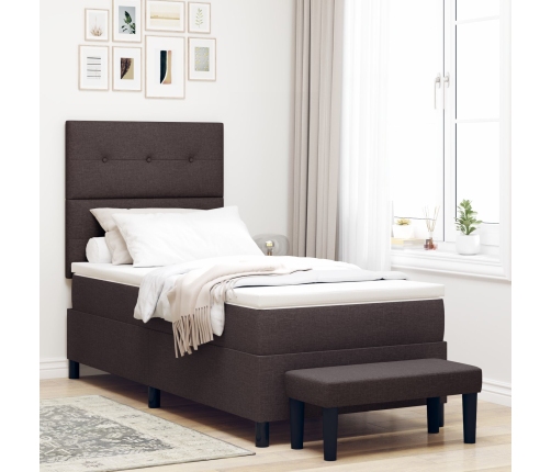 Cama con somier con colchón & banco marrón oscuro 100x200 cm tela