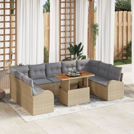Conjunto de Comedor de Jardín de 10 Piezas con Cojines Beige Ratán Poliéster Acacia