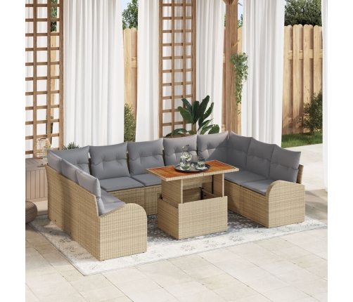 Conjunto de Comedor de Jardín de 10 Piezas con Cojines Beige Ratán Poliéster Acacia