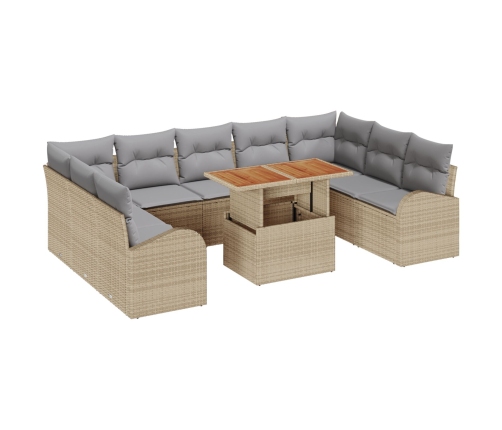 Conjunto de Comedor de Jardín de 10 Piezas con Cojines Beige Ratán Poliéster Acacia
