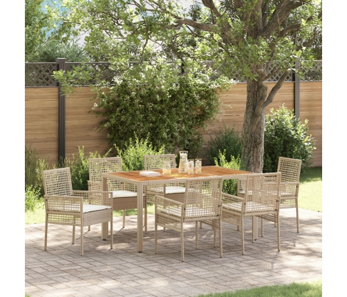 Conjunto de Comedor de Jardín  de 7 Piezas con Cojines Beige de Ratán Polipropileno