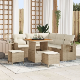 Conjunto de Sofá de Jardín de 8 Piezas con Cojines Ratán Beige Acacia,  Conjunto de Comedor de Jardín de 3 Piezas con Cojines Ratán Beige Acacia