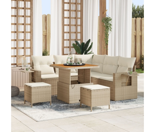Conjunto de Sofá de Jardín de 8 Piezas con Cojines Ratán Beige Acacia,  Conjunto de Comedor de Jardín de 3 Piezas con Cojines Ratán Beige Acacia