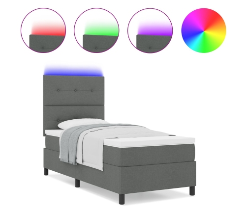 Cama con Resortes y Colchón & LED Gris Oscuro 90x200 cm Tela