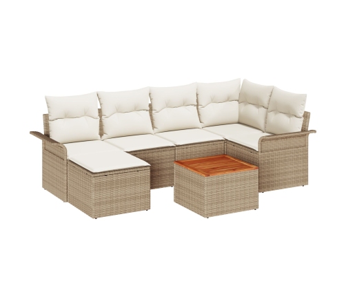 Set de 7 Piezas de Sofá de Jardín con Cojines Beige de Ratán Sintético y Acacia
