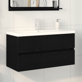 Armario de Pila  con Lavabo Integrado Roble Negro Madera Elaborada, Armario de Pila  Roble Negro 90x38,5x45 cm Madera Elaborada