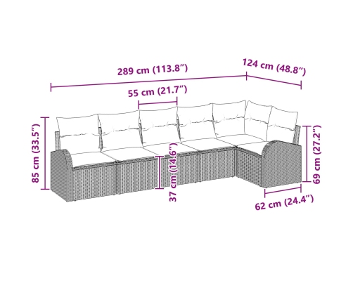 Conjunto de sofá de jardín de 6 piezas con cojines gris ratán sintético