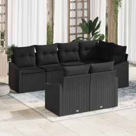Set de Sofás de Jardín de 7 Piezas con Cojines Negro Ratán Poliéster