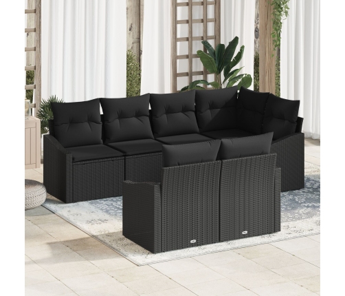 Set de Sofás de Jardín de 7 Piezas con Cojines Negro Ratán Poliéster