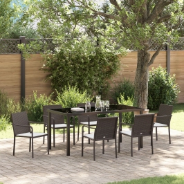 Conjunto de comedor para el jardín de 7 piezas con cojines de poliratán marrón