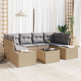 Juego de Sofás de Jardín  de 7 Piezas con Cojines Beige Poliratán