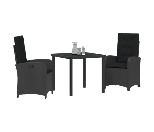 Set de Comedor de Jardín de 3 Piezas con Cojines Negro Poliratán