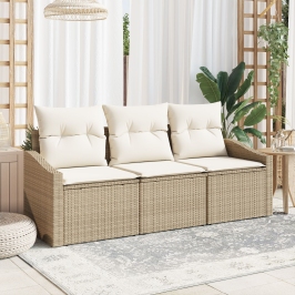 Set de Sofá de Jardín de 3 Piezas con Cojines Beige Polirratán