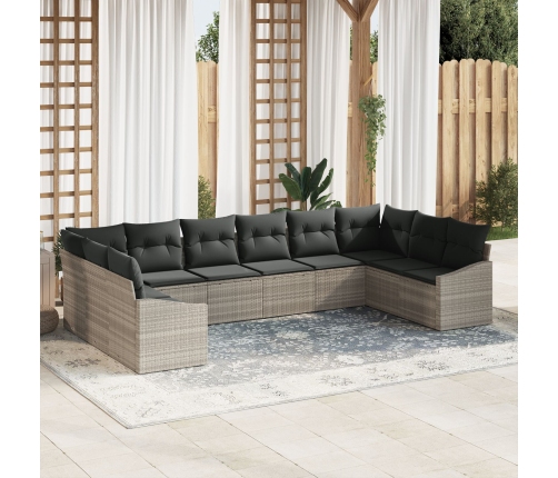 Conjunto de Sofá de Jardín de 10 Piezas con Almohadas Gris Claro Poliratán