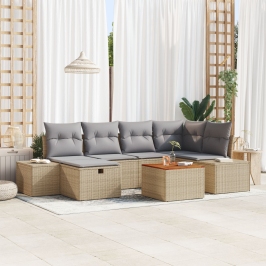 Conjunto de sofá de jardín de 7 piezas con cojines en beige poli ratán