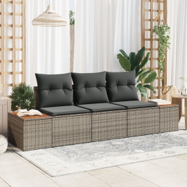 Conjunto de Sofá de Jardín de 3 Piezas con Cojines Gris Ratán Poliéster Acacia