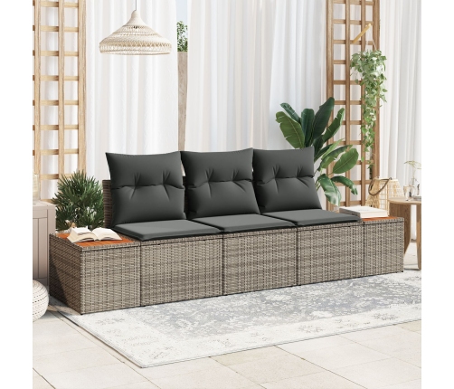 Conjunto de Sofá de Jardín de 3 Piezas con Cojines Gris Ratán Poliéster Acacia