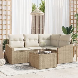 Conjunto de Sofá de Jardín de 5 Piezas con Cojines de Ratán Beige