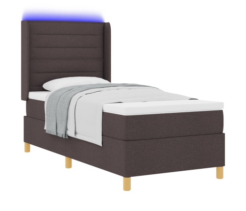 Cama Box Spring  con Colchón y LED Marrón Oscuro 90x200 cm Tela
