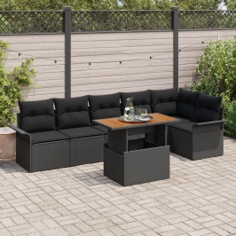 Conjunto de Comedor de Jardín de 7 Piezas con Cojines Negro Ratán Polietileno Acacia