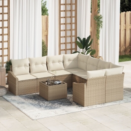 Conjunto de Sofás de Jardín  de 9 Piezas con Cojines de Ratán Beige