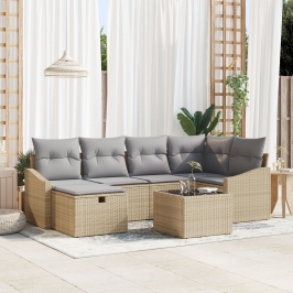 Juego de Sofá de Jardín de 7 Piezas con Cojines Beige Poliratán