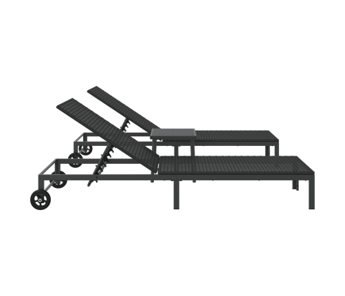 Tumbonas  2 pcs con ruedas y mesa negro de poliratán