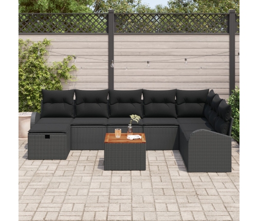 Conjunto de sofá de jardín de 9 piezas con cojines negro poli ratán