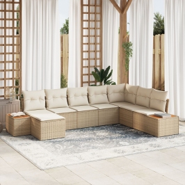 Set de Sofá de Jardín  de 8 Piezas con Cojines Beige de Ratán Poliéster