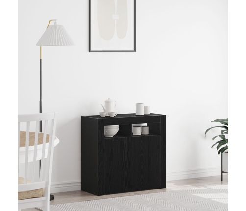Sideboard  con luces LED en negro y roble, 80x35x75 cm, de madera