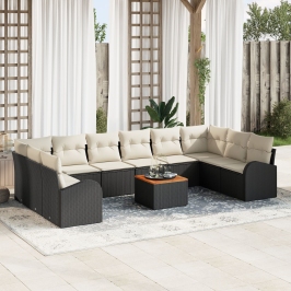 Conjunto de Sofá de Jardín  de 11 Piezas con Cojines Negro Poliratán Acacia