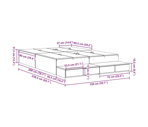 Estructura de cama con almacenamiento  Roble artesanal