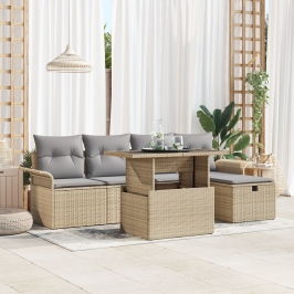 Conjunto de Sofá de Jardín de 6 Piezas con Cojines Beige de Ratán Poliéster