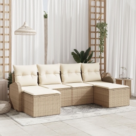 Juego de Sofá de Jardín de 6 Piezas con Cojines Beige Poliratán