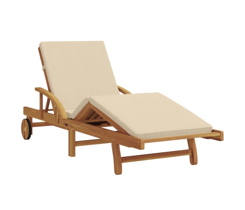 Tumbona plegable  con ruedas y cojín beige de madera maciza de acacia