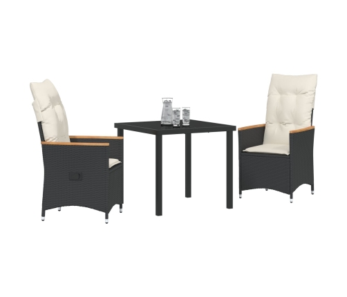 Conjunto de Comedor de Jardín  de 3 Piezas con Cojines de Ratán Poliéster Negro