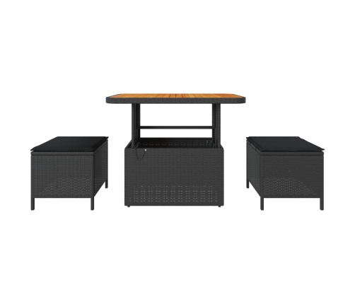 Conjunto de Comedor de Jardín de 3 Piezas con Cojines Negro de Poliratán y Acacia