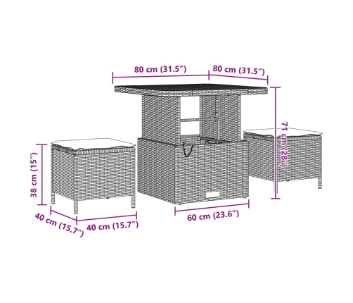Conjunto de Comedor de Jardín de 3 Piezas con Cojines VidaXL Ratán Poliéster Acacia Negro
