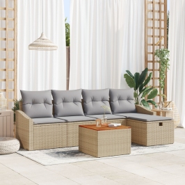 Conjunto de Sofás de Jardín de 6 Piezas con Cojines Beige Ratán Poliéster